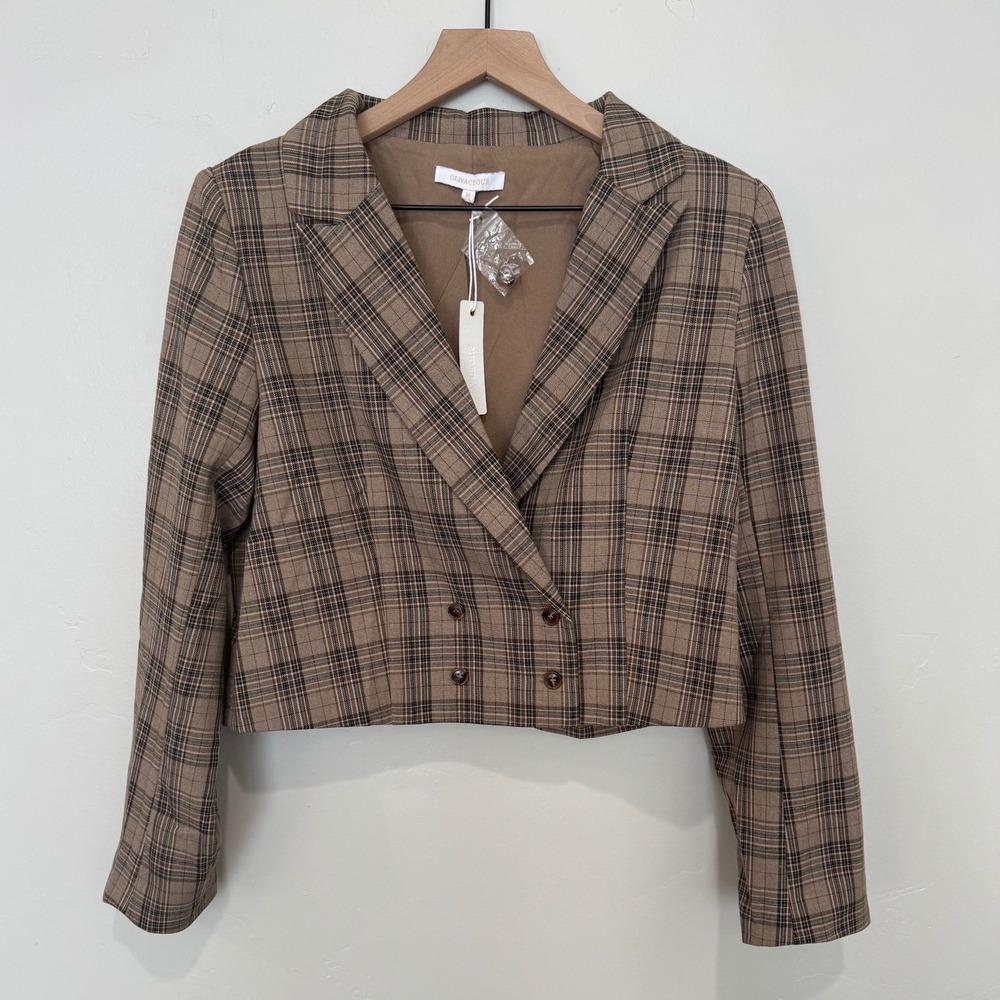 NWT Olivaceous Brown Plaid Cropped Blazer Jacket Boxy Preppy Academia Fall M